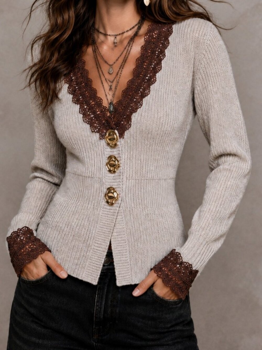 Khaki Elegant Women's Rib-Knit Button Front Cardigan